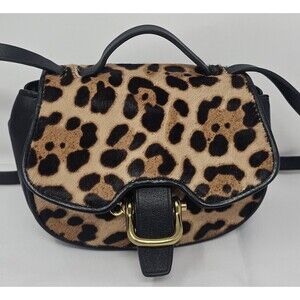 J. Crew Rider Leopard Black Leather Calf Hair Gold Hardware Crossbody Saddle Bag